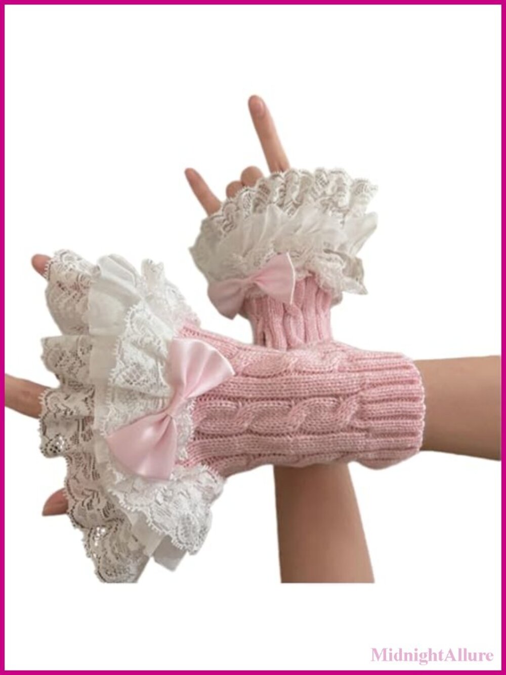 Knitted Arm Warmers Fingerless Lace Bow Trim One Size Cosplay